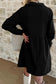 Black Corduroy Half Button Collared Long Sleeve Mini Dress